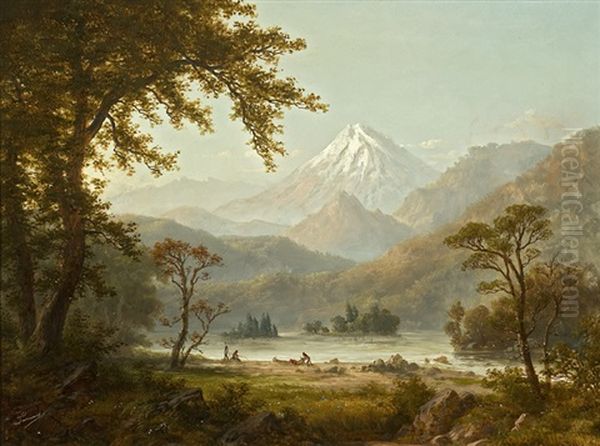 Indians Fishing Below Snow Capped Mountains - view 1