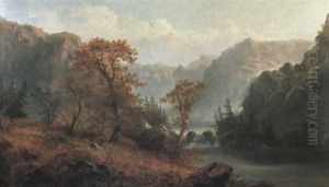 Rocky Mountains And Rushing River Beneath Falls by Alexander Francois Loemans