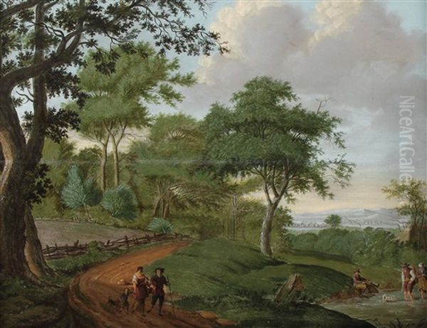 Wanderer Auf Einem Waldweg An Gewasser - view 1