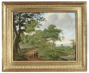 Bewaldete Landschaft Mit Reisenden Auf Einem Weg Bewaldete Landschaft Mit Reisenden Auf Einem Weg