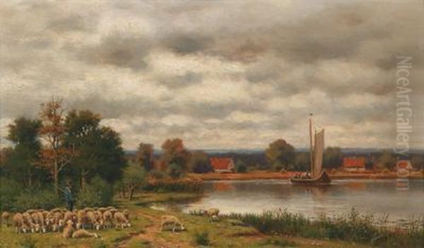Landschaft Mit Einem Schafer Und Seiner Herde Amufer Eines Sees - view 1