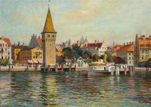 Blick Uber Den Hafen Von Lindau Mit Angelegtem Raddampfer Auf Die Promenade Vom Hotel Reutemann Bis Zum Hauptzollamt