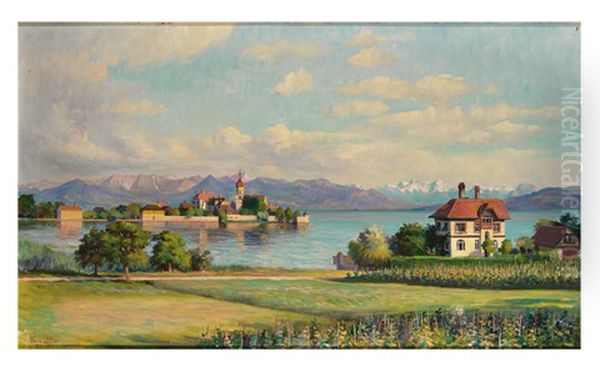 Blick Uber Den Malerwinkel Auf Villa, Wasserburg Und Gebirgssilhouette An Einem Prachtvollen Fruhlingstag - view 1