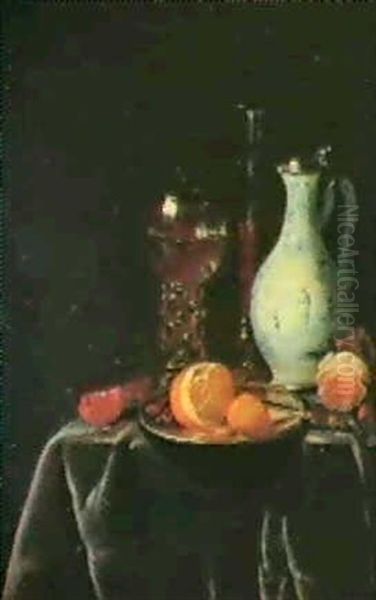 Nature Morte Au Verre Rohmer Et A La Rose; Nature Morte A L'orange Et A La Miche De Pain Sur Un Plat D'etain - view 1