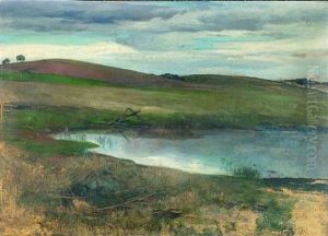 Hugelige Landschaft Mit Einem Weiher by Ludwig von Loefftz