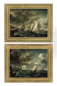 A Dutch Man-o'war And Trading Vessels Off A Rocky Headland (+ Dutch Merchant Flutes Inshore Off A Rocky Coastline; Pair) by Pieter Lofvers