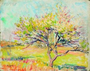 Blooming Tree In Spring Tree Lined Road With House (+ Landscape With House; 2 Works) by Robert Henry Logan