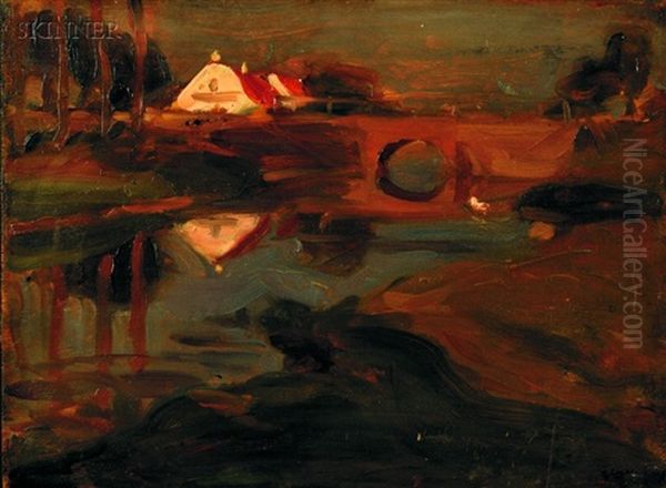 Landscape With House, Bridge And Reflection In Water (+ Autumn Field; 2 Works) by Robert Henry Logan