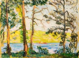 Pond With Canoe (+ Autumn Trees; 2 Works) by Robert Henry Logan