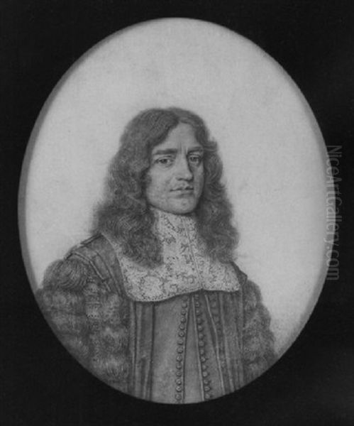 A Gentleman Wearing Leather Jerkin With Knotted Buttons, Embroidered Sleeves With Fur Trim And White Lace Jabot, His Long Hair Worn Naturally - view 1