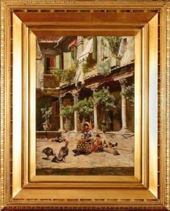 Femme Et Enfants Dans Une Cour De Palais Venitien