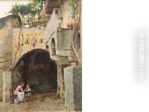 Mother And Child In An Italian Courtyard by Logsdail William