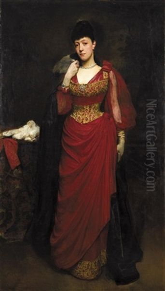 Portrait Of A Lady In A Red Dress With A Shawl (bessie Burton) - view 1