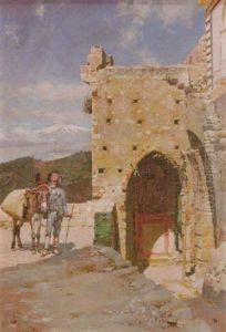 Peasant With A Donkey By A Doorway by Logsdail William