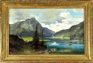 Gebirgssee Mit Boot Und Wanderern Am Uferweg