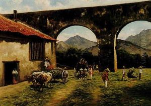 Hombres Trillando Maiz Al Lado De Un Acueducto En Queretaro by August Loehr