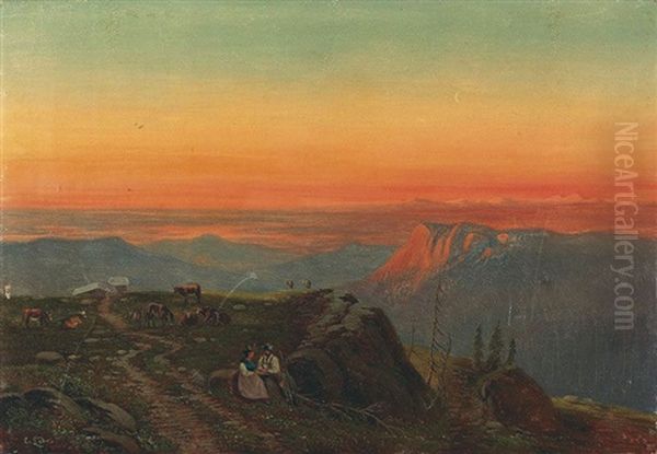 Abendliche Landschaft Mit Hirtenpaar In Den Alpen - view 1