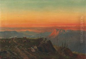 Abendliche Landschaft Mit Hirtenpaar In Den Alpen by Emil Ludwig Lohr