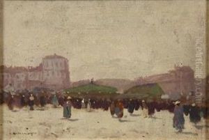 French Market Scene With Figures by Luigi Loir