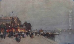 A Crowd In Front Of A Theatre On The Bank Of The Seine by Luigi Loir