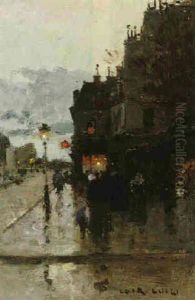 A Parisian Street Scene By Night by Luigi Loir