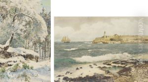 A Lighthouse From A Beach; And A Snow-covered Tree