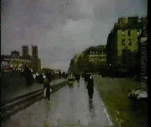 A Rainy Day On The Quai Des Grands Augustins, Paris by Luigi Loir