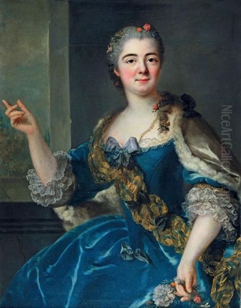 Portrait De Jeune Femme En Robe Bleue Tenant Une Couronne De Fleurs - view 1