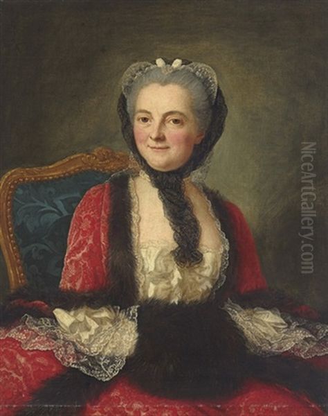 Portrait Of A Woman, Seated, In A Red Dress With A Black Muff - view 1