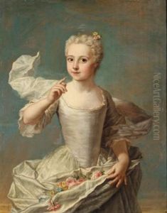 Portrait Of Jacquette Colombe De Boquart, Three-quarter Length, Wearing A White Silk Dress Holding A Bunch Of Flowers by Marianne Loir