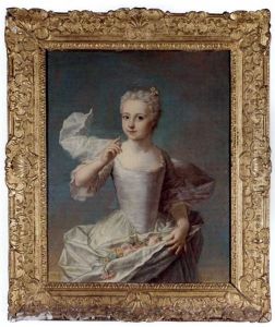 Portrait Of A Young Girl, Three-quarter Length, Wearing A White Silk Dress Holding A Bunch Of Flowers, Said To Be Jacquette Dors De Latours (nee Jacquette Colombe De Boquart) by Marianne Loir