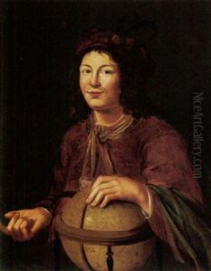 Portrait Of A Young Man (democritus?) Wearing Red With A Plumed Hat, Holding A Globe