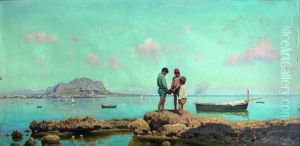 Enfants Pechant Dans La Baie De Palerme, Au Loin, Le Mont Pellegrino
