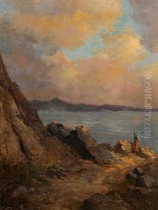 Femme Sur La Cote Italienne, Soleil Couchant by Francesco Lojacono