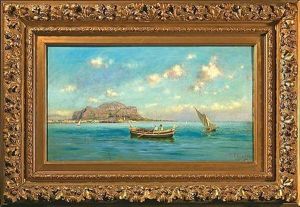 Fischerboote In Der Bucht Von Palermo, Im Hintergrund Erhebt Sich Der Monte Pellegrino