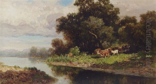A Herd Of Cattle By A River - view 1