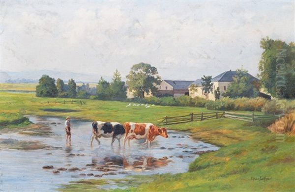 Cows And Herder At The Ford - view 1