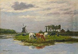 Hollandische Landschaft Mit Windmuhle Und Kuhen Am Wasser