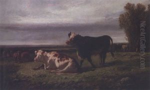 A Bull And Cow In A Pasture by Dirk Peter Van Lokhorst