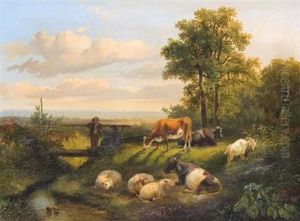 Landschaft Mit Weidendem Vieh Und Hutejungen Am Bach by Dirk Van Lokhorst
