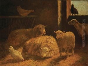 Sheep And Chickens In Stable by Dirk Van Lokhorst
