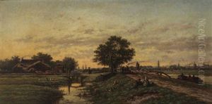 L"arrivee Des Tourbes A L"approche Du Soir Au Bord Du Canal Le Vecht by Johan Nicolaas Van Lokhorst