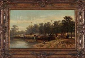 Frachtschiffe Am Flussufer by Johan Nicolaas Van Lokhorst