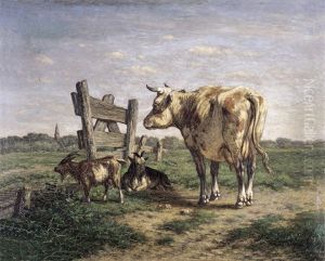 Een Koe En Twe Geiten In Een Weide by Johan Nicolaas Van Lokhorst