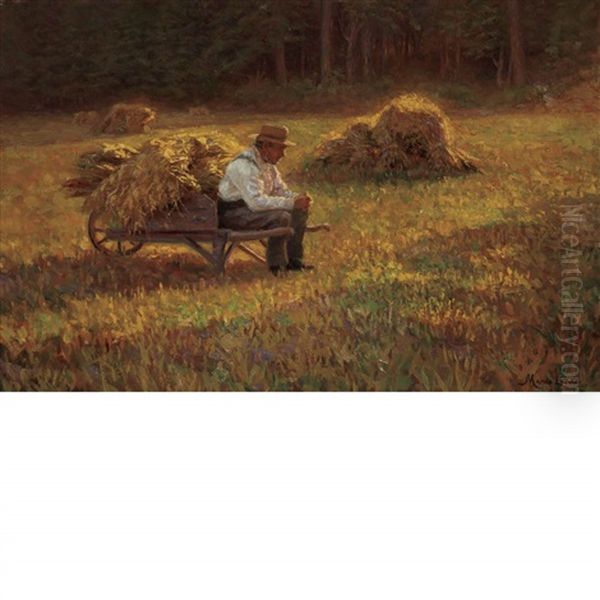 Autumn Landscape With A Fieldhand Resting On A Wheelbarrow - view 1
