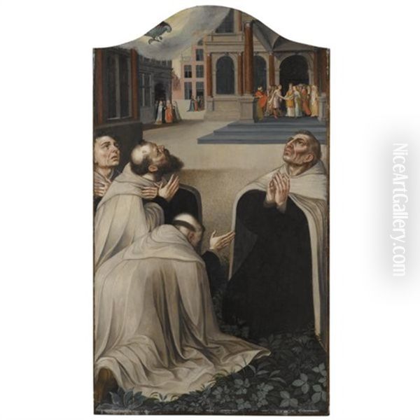 Four Carmelites Pray To The Virgin Mary Whose Symbol, The Rose Without Thorns, Appears In The Heavens, Whilst Her Marriage To Joseph Takes Place On The Steps Of The Temple Beyond - view 1