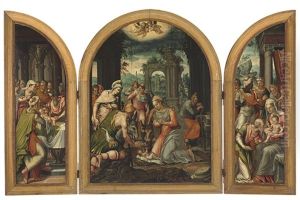 The Adoration Of The Shepherds (+ 2 Others, Triptych) by Lambert Lombard