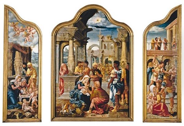 The Adoration Of The Magi; The Adoration Of The Shepherds; The Massacre Of The Innocents; The Theological Virtues (triptych With Outer Wings, Some Smaller) by Lambert Lombard