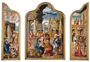 The Adoration Of The Magi; The Adoration Of The Shepherds; The Massacre Of The Innocents; The Theological Virtues (triptych With Outer Wings, Some Smaller) by Lambert Lombard