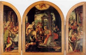 The Adoration Of The Shepherds, With The Adoration Of The Magi And The Circumcision Of Christ, With The Massacre Of The Innocents On The Exterior by Lambert Lombard